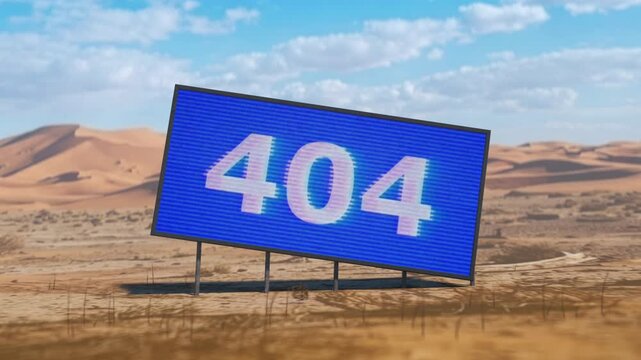 Large digital billboard displaying a 404 error code in a remote desert environment. Surreal technology failure concept of internet errors and communication breakdowns. 3D Render Looping Animation
