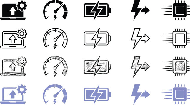 Set of technology icons with laptop processor battery and speed meter symbols.