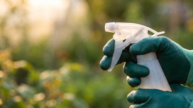 Protective gloves holding insecticide sprayer
