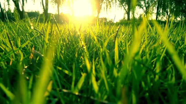 Closeup of lush green grass blades in a park at sunset with golden sunlight flare