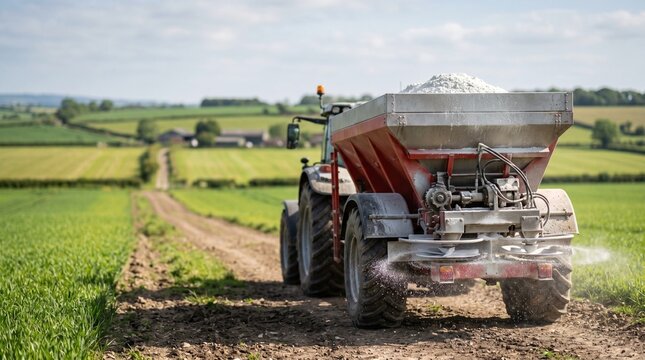 Tractor spreading fertilizer on large green fields under blue sky, Lime spreader 