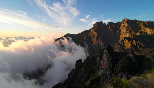 Mountain vista at sunset through clouds