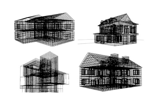 Architectural Blueprint Wire Mesh Vector Set Futuristic Building Engineering Collection