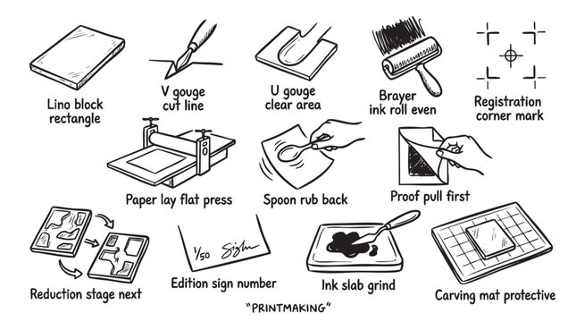 Collection of simple hand-drawn vector illustrations depicting printmaking tools and stages of process.