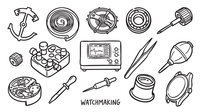 Watchmaking mechanical repair set for maintenance and horology.