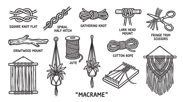 Macrame knot types and hanging plant holder collection with cotton rope and jute.