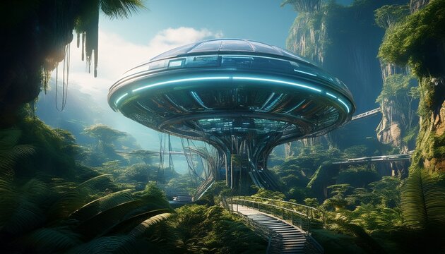 futuristic high tech structure on a distant alien jungle planet