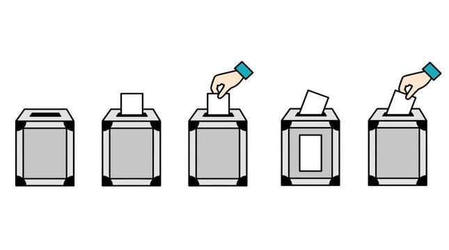 A set of five cartoon illustrations depicting various types of ballot boxes, with hands shown in some instances casting votes.