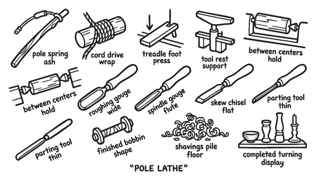 Collection of pole lathe tools and wood turning process elements for woodworking craft.