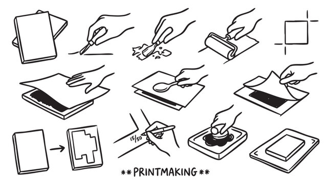 Printmaking process illustration showing creating relief prints with tools and ink.