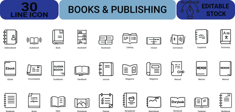 Books and publishing line icon set with thin symbols showing various educational materials library equipment literary items and stationary store objects.