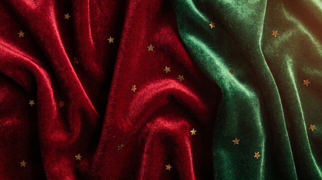 Luxurious red and emerald green velvet fabric draped with shiny gold stars for holiday decoration