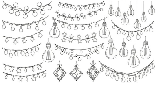Various hanging decorative light bulb and star string illustrations