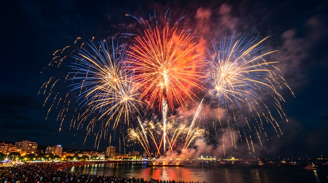 Spectacular fireworks display over coastal city skyline at night celebrating a special event