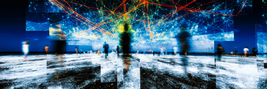 Abstract Data Connectivity Network with Blurred Human Silhouettes on Reflective Surface Featuring Complex Node Link Diagrams and Blue Orange Digital Overlays for Big Data Concepts