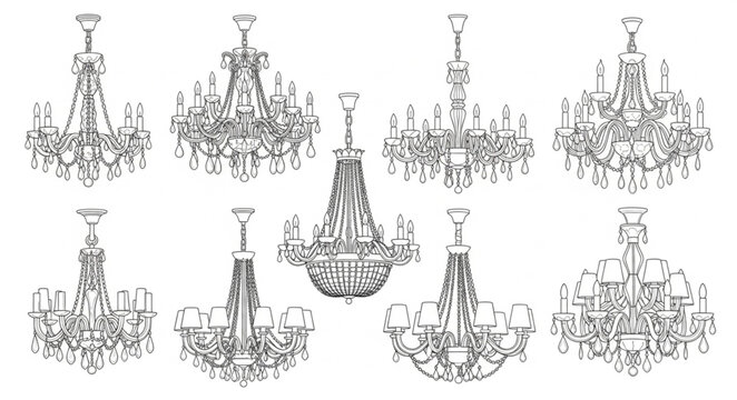 Several ornate chandeliers hang from a ceiling in interior