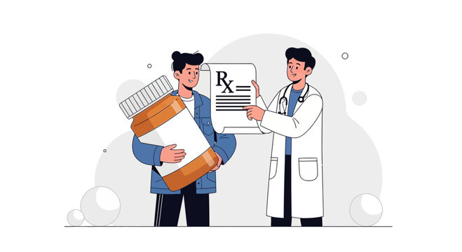 Doctor Prescribing Medication to Patient with Large Pill Bottle, Medical Consultation and Healthcare Concept