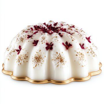 Elegant White Pudding Mold with Golden Accents & Floral Garnishes