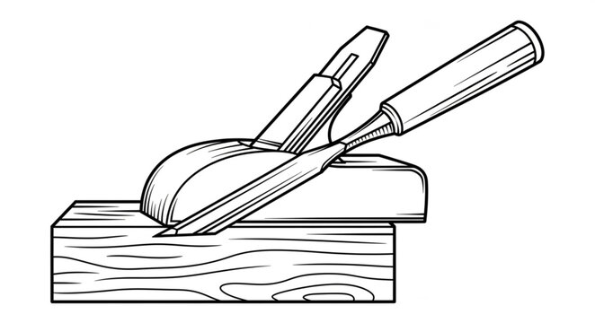 A chisel scrapes wood block with plane tool on top.