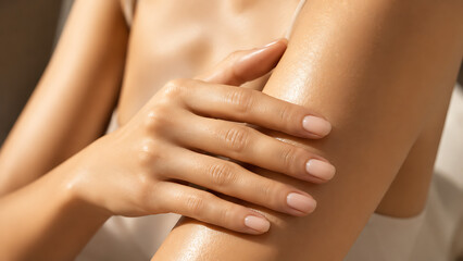 Naklejka premium Woman applying moisturizer to her arm with a focus on skincare and hydration