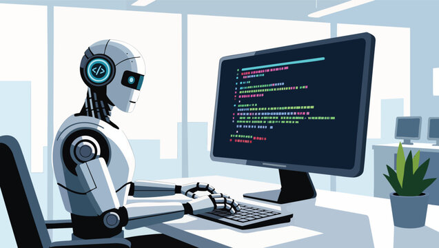 Robot programmer typing code on a computer in an office ai in software development.