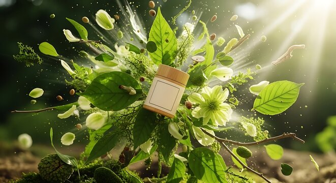 Natural organic serum bottle with exploding floral splash beauty product skincare explosion cosmetic sunlight droplets wellness branding moisturizer essential botanical holistic freshness