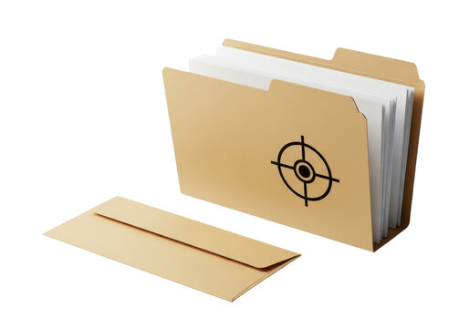 Open manila file folder containing documents with a target icon and a matching envelope, isolated on transparent background