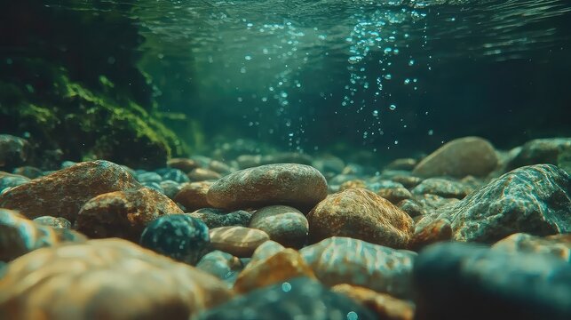 Pebbles in mountain stream with underwater clarity moving water and earthy tones perfect for calm or natural visuals