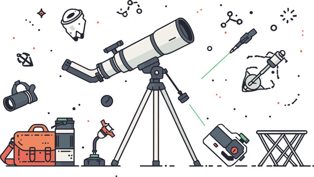 Astronomy telescope and stargazing equipment line vector set featuring professional observatory telescope tripod laser pointer camera gear messenger bag and constellation icons