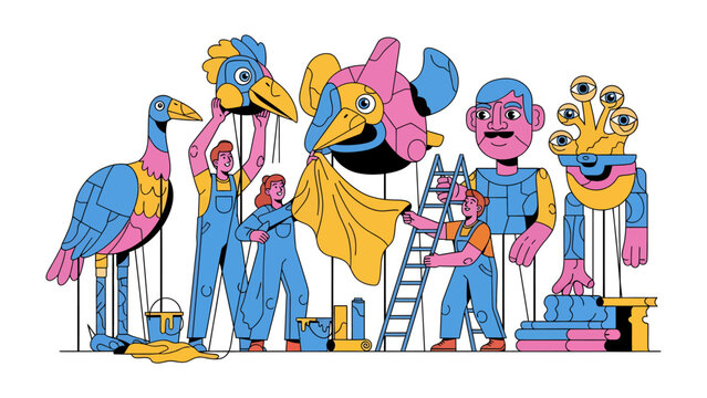 Puppet Making Workshop: A vibrant scene of creativity and collaboration unfolds as a team constructs whimsical puppets.