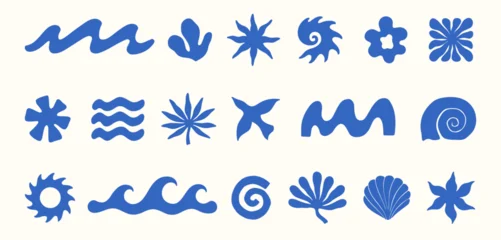 Surf elements set with abstract waves,seashells,coral,sun motifs,coastal symbols,organic shapes and forms.Summer tropical clipart for surf branding,logos,beach posters,packaging,stickers,social media © Xenia Artwork 