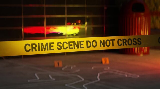 3D render animation of a secured crime scene featuring police tape, forensic evidence markers, and emergency light reflections