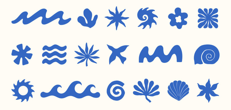 Surf elements set with abstract waves,seashells,coral,sun motifs,coastal symbols,organic shapes and forms.Summer tropical clipart for surf branding,logos,beach posters,packaging,stickers,social media