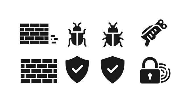 Security icons including bugs and shields on brick wall background