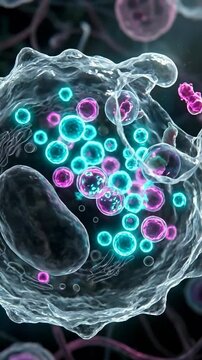 Macrophage cell performing cellular immunity defense mechanism, engulfing infectious pathogenic microorganism, internalizing viral bacterial particle.