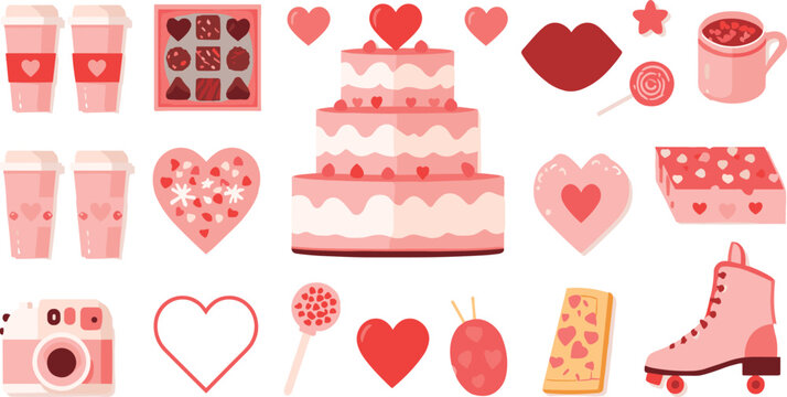 Romantic Valentines Day element vector set featuring pink tiered cake chocolate box coffee cups instant camera roller skate lips and sweet heart candy illustrations