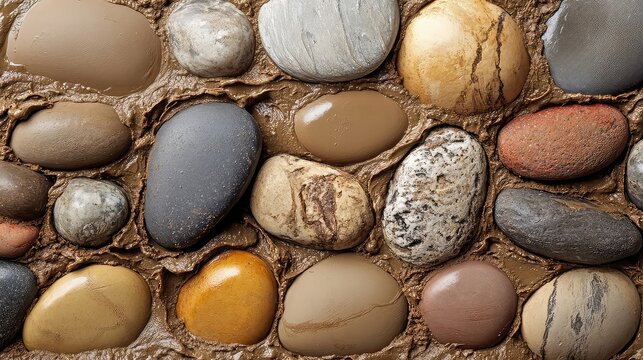 Pebbles pressed into mud with surface impressions earth tones and realistic texture perfect for tactile or raw content