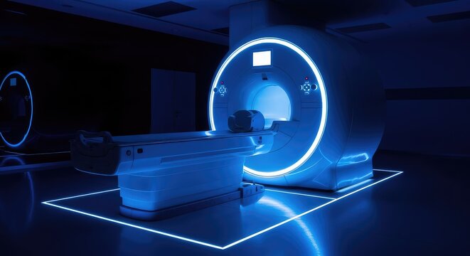 A sophisticated magnetic resonance imaging machine stands illuminated by vibrant blue neon lights within a dark, modern medical facility, resonance, medicine, healthtech