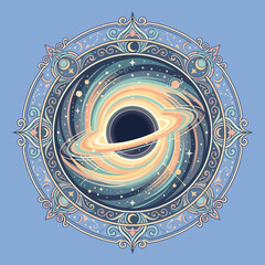 A circular cosmic illustration featuring a glowing celestial ring system © Kelly