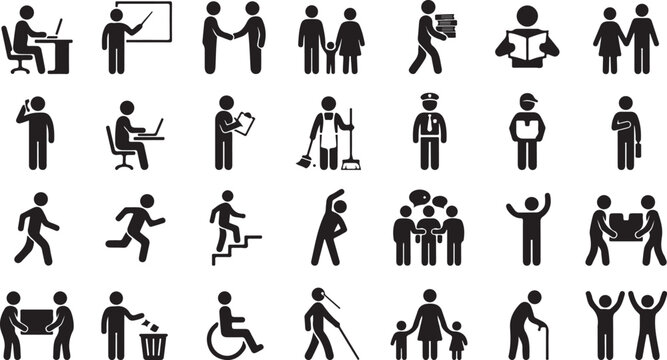 Set of diverse flat icons showing people in various daily activities