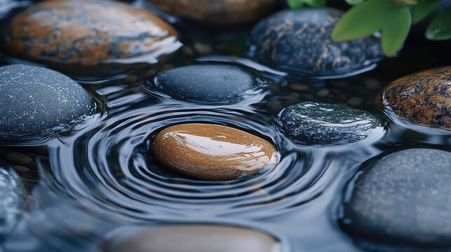 Pebbles scattered in ripple with water texture stone detail and natural rhythm ideal for zen calm or nature themes
