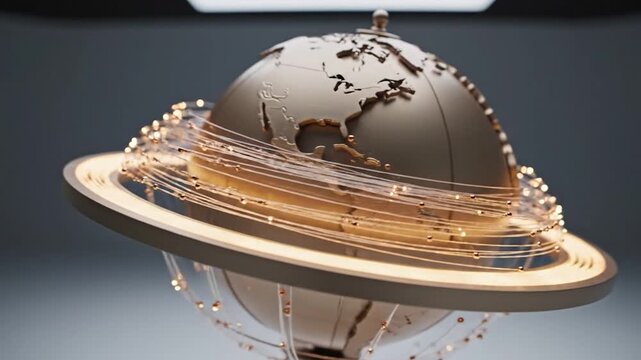 Metallic gold globe with glowing fiber optic rings representing global connectivity and data networking