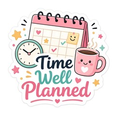 Obraz premium Time well planned sticker with calendar, clock, and coffee cup illustration
