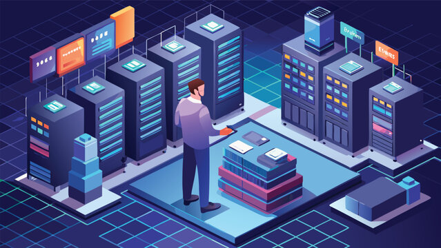 Man with tablet near futuristic server racks during data center analysis with glowing network grid