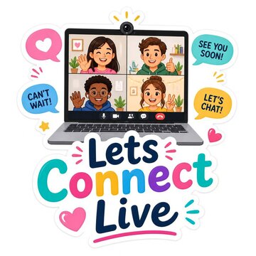 Cartoon illustration of a group video call on a laptop with speech bubbles and the text lets connect live