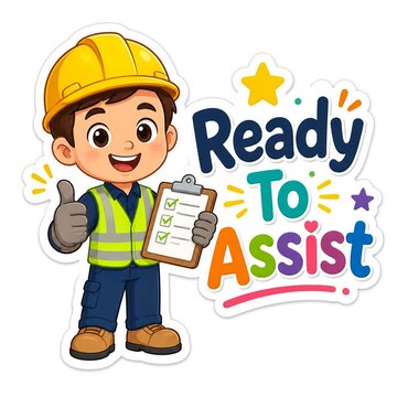 Cartoon construction worker giving a thumbs up and holding a clipboard with a checklist, ready to assist text design