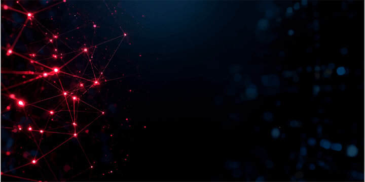 An abstract technology background featuring a neon blue light explosion with digital stars and magic energy lines across a night sky backdrop