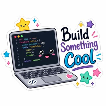 Cute kawaii laptop character with coding text on screen and build something cool text isolated on white background