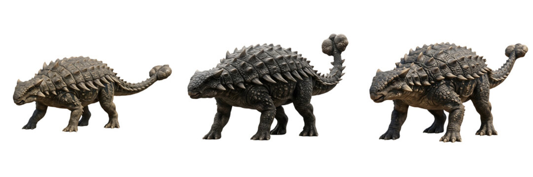 A detailed set of three realistic Ankylosaurus dinosaurs in different poses, showcasing their iconic armored plates and club tails, isolated on a clean white background.