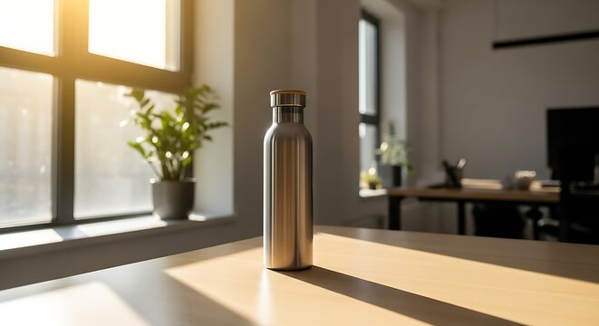 EcoFriendly Water Bottle on Office Desk with Sunlight  Sustainable Lifestyle.